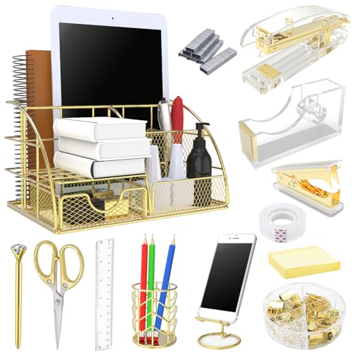 YOLOZAI Office Desk Organizers, 13PCS Office Supplies and Accessories Desk organizer, Stapler, Staple Remover, Clips, Scissor, Phone Holder, Pen, Pen Holder, Tape Dispenser