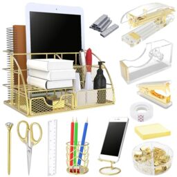 YOLOZAI Office Desk Organizers, 13PCS Office Supplies and Accessories Desk organizer, Stapler, Staple Remover, Clips, Scissor, Phone Holder, Pen, Pen Holder, Tape Dispenser