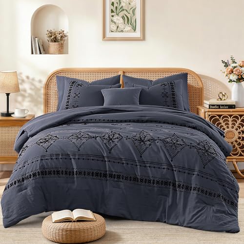 MaiR??ve Full Size Comforter Set Embroidery Floral 7 Pieces Bed in a Bag - Crown Blue Boho Farmhouse Bedding Sets with Comforter, Sheets, Pillowcases & Shams