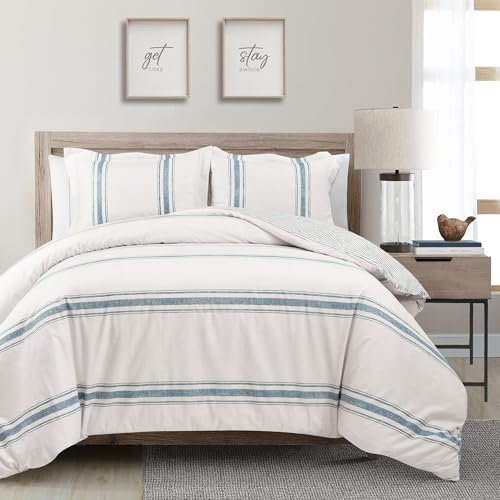 Lush Decor Farmhouse Stripe 3 Piece Duvet Cover Set, King, Blue
