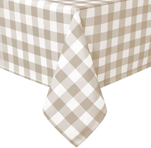 Hiasan Checkered Tablecloth Rectangle, 70 x 90 Inch - Waterproof, Wrinkle Resistant and Washable Gingham Table Cloth for Outdoor Picnic, Kitchen and Holiday Dinner, Khaki and White