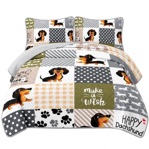 AILONEN Kawaii Soft Quilted Bedding Set King Size, Cartoon Dachshund Patchwork Bed Cover 3Pcs,Cute Dogs Bedspread Coverlet with 2 Pillowcases