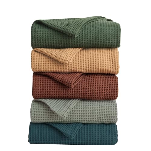 100% Cotton Green Blanket Twin Size for Bed - Breathable and Soft, Waffle Weave for Summer Spring, 90x66 Inches (Forest Green)