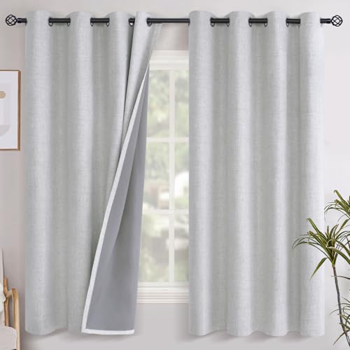 YoungsTex Linen Blackout Curtains 68 Inch Length for Bedroom, Room Darkening Heat Blocking Drapes with Grommet Thermal Insulated for Living Room Office Farmhouse, Birch, 2 Panels, 52 X 68 Inch