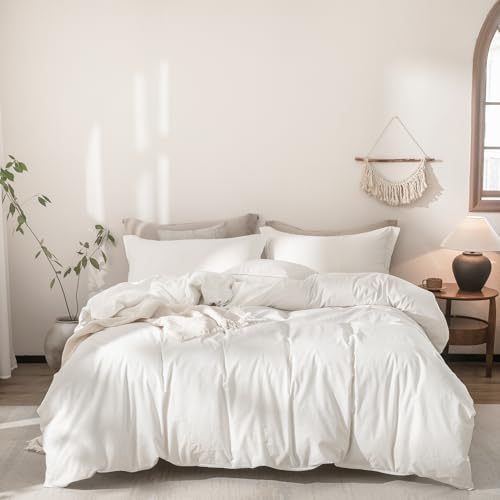 Warm Moment Linen Feel Duvet Cover Twin Size 90inch x 68inch,100% Washed Cotton Duvet Cover with Zipper Closure and One Pillowcases, Color of Off White