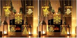 Festive Fix LED Christmas Window Lights Square – 54 LED 3D Acrylic Hanging Santa, Snowflake, Bells & Tree Designs, USB-Powered Light Up Xmas Window Decorations for Indoor & Outdoor Displays