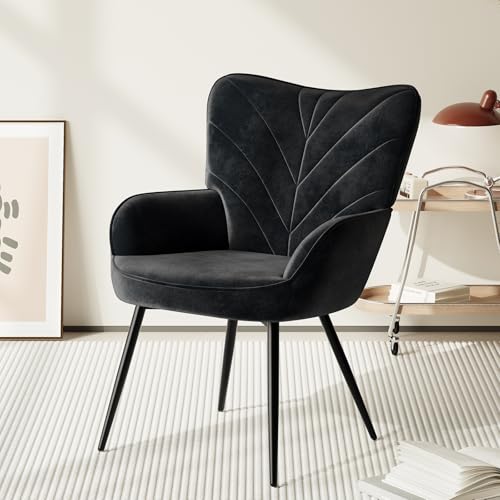 COLAMY Velvet Accent Chair with Black Metal Legs, Modern Armchair with Ergonomic Backrest, Wide Seat & High-Density Foam,Vanity Chair for Living Room Bedroom Lounge or Dressing Table,Black