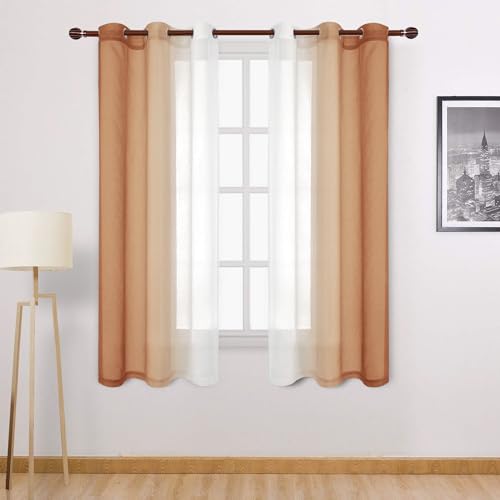 DWCN Autumn Faux Linen Ombre Sheer Curtains - Gradient Semi Voile Curtains for Bedroom and Living Room, Set of 2 Grommet Top Window Curtain Panels, 42 x 63 Inches Long, Burnt Ochre