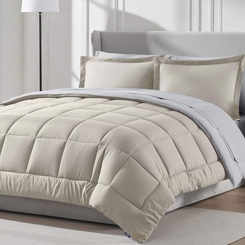 Nestl 9 Piece California King Comforter Set ??? Beige Reversible Bed in a Bag ??? Complete Cal King Size Bedding Set with Sheets, Down Alternative Pillows, Pillowcases and Shams
