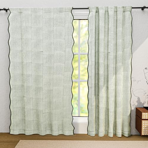 Ridhi Green Stripe Floral Cotton Scallop Curtains 1 pcs 84-Inch Pocket for The Rod Semi-Sheer Drapes for Living Room & Bedroom, Floral Patterned Farmhouse Boho French Country Window Panels