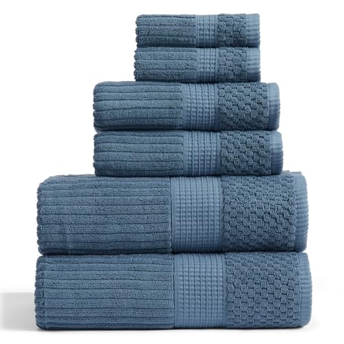 Springtree Home 100% Cotton Bath Towel Set - 6-Piece Set - Textured - Ocean - Absorbent & Quick-Dry Bathroom Towels - Textured and Durable Cotton Towels for Bathroom - OEKO-TEX - Krista Collection