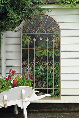 MirrorOutlet New Large Gothic Designed Arched Stone Coloured Outside Garden Wall Mirror, Ivory, 5ft3x 2ft6 190cm X 75cm