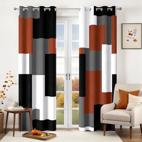 Tyrot Burnt Orange 100% Blackout Curtains for Bedroom 63 inch Length 2 Panels Set Rust Modern Abstract Geometric Fall Black Out Curtains Insulated Room Darkening Window Drapes for Living Room, 52Wx63L