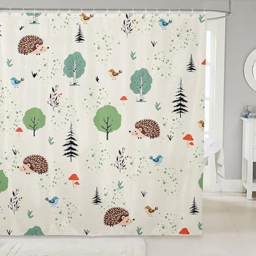 "Homewish Wild Animals Botanical Shower Curtain Mushroom Pine Tree Bathroom Curtains Cute Hedgehog Waterproof Fabric for Kids Boys Girls Women Room Decor Nature Rustic Bath Curtain,12 Hooks,72"" Wx72 L"