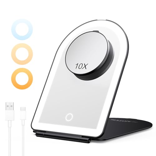 BESTOPE PRO Illuminated Makeup Mirror with 3 Colour Temperatures, 10x Magnification & USB-C Charge, Portable, 1500 mAh Battery, 3 Hours Running Time, Black