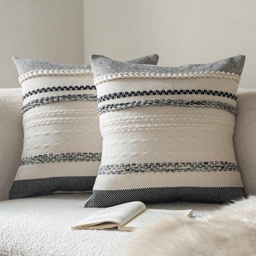 Cethom Boho Throw Pillow Covers 18x18 Inch Set of 2, Black Textured Decorative Couch Pillow Cases for Farmhouse Home Decor, Accent Cushion Cover for Sofa, Bed, Living Room, Bedroom