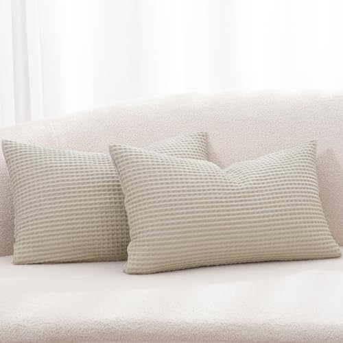 "PHF 100% Cotton Waffle Weave Lumbar Pillow Cover 12"" x 20"", No Filling, 2 Pack Elegant Home Decorative Rectangle Throw Pillow Covers for Bed Couch Sofa,Linen"