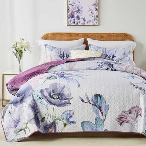 "Yogeneg Full Queen Size Quilt Set,Elegant Floral Botanical Pattern Purple Bedding Set,3 Piece Lightweight Soft Summer Bedspread Coverlet with 2 PIillow Sham for All Season(Purple Floral,90""x96"")"