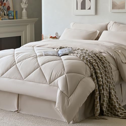 Newspin Full Comforter Set 8 Pieces Bed in a Bag Soft Bedding Set Beige - All Seasons Fluffy Comforter Set, Sheet Set with Stitch Comforter, Luxury Bed Set with Sheets, Bed Skirt, Pillowcases & Shams