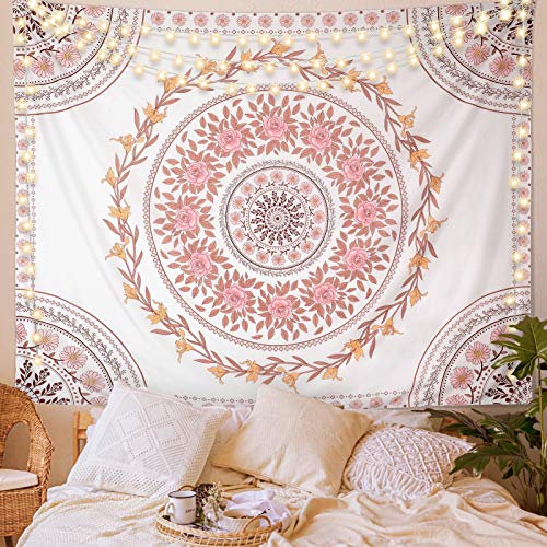 Wall Tapestry for Bedroom Aesthetic Pink Mandala Wall Hanging Large Boho Trippy Tapestries Bohemian Art Tapistry Hippie Floral Tapastry Decor For Bedroom Ceiling Living Room Dorm (71?? ?? 91??)