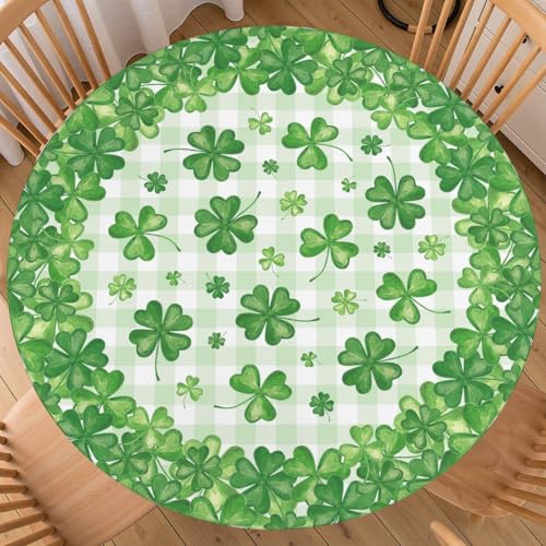 "St Patricks Day Shamrock Round Fitted Tablecloth with Elastic Green Clover Plaid Table Cloth Rustic Themed Holiday Decorative Washable Stretch Table Cover Party Picnic Home Kitchen for 40""-44"" Table"
