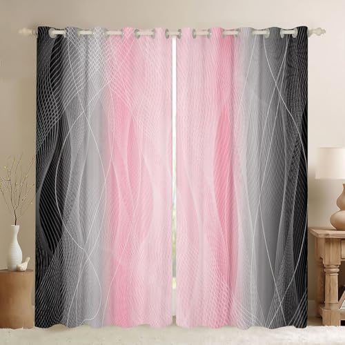 jejeloiu (2 Panels, 42 x 84 Inch Pink and Black Darkening Drapes Strip Lines Curtains for Bedroom Living Room for Kids Women Men Ombre Printed 30%-50% Blackout Curtains Geometric Window Treatments