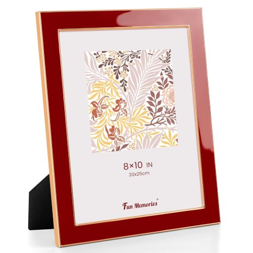 Fun Memories 8x10 Picture Frame - 1pcs Red Enamel Glass Photo Frame with Gold Metal Edge & Easel for Display Picture Frame on Countertops, Tabletops, Bookshelves, Desks, Walls (Red/Gold)