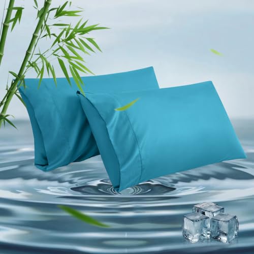 Standard Pillowcases, Cooling Viscose from Bamboo Pillow Covers with Envelope Closure, Soft Moisture-Wicking for Hot Sleepers, Hair and Skin-Friendly, Blue, 2 Pack