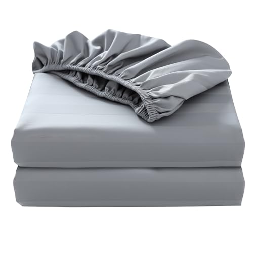"2-Pack Pure Cotton Fitted Sheet Queen Size, 600 Thread Count 16"" Deep Pocket Egyptian Cotton Fitted Sheet (2pcs, Queen, Stripted Gray)"