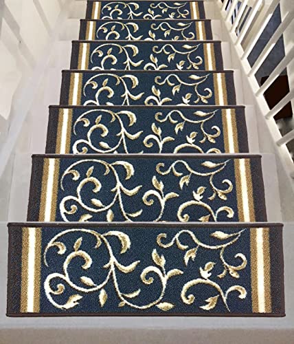 "gloria Rug STAIR PAD Skid-Resistant Rubber Backing Gripper Non-Slip Carpet Stair Treads - Washable Stair Mat Area Rug (SET OF 7), 8.5"" x 26"", (8.5"" x 26"", 1933-NVY-FL-EU)"