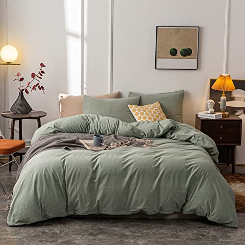 Janlive Washed Cotton Duvet Cover Queen Ultra Soft 100% Cotton Solid Color Olive Green Duvet Cover Set with Zipper Closure -3 Pieces Olive Green Queen