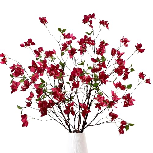 Artificial Bougainvillea Flower Branches Silk Bougainvillea Stems with Dried Tree Twigs Real Touch Faux Greenery Stems for Home Indoor Outdoor Decor Floral Bouquet Arrangements (Fuchsia - Pack of 4)