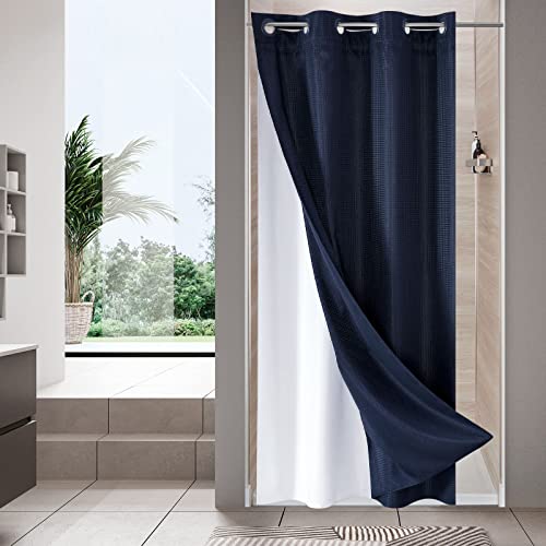 MitoVilla No Hooks Needed Small Stall Shower Curtain Liner Set 36 x 74, Navy Blue Half Size Narrow Weave Fabric Shower Curtain Set with Snap-in Liner for Modern Spa-Like Bathroom Decor