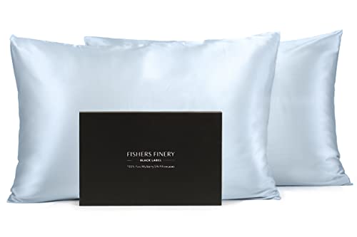 Fishers Finery 30mm 100% Pure Mulberry Silk Pillowcase Set, Quality Tested (Blue, Queen, 2 Pack)