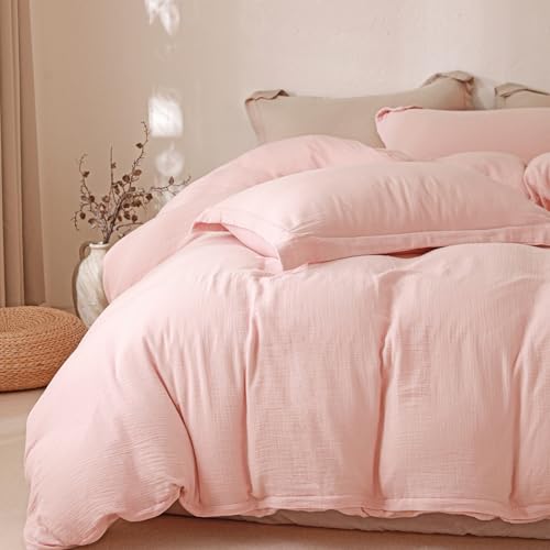 "MorroMorn Muslin Duvet Cover King Size, Ultra Soft 100% Cotton Comforter Cover Set, 3 Pieces 2-Layer Gauze Duvet Cover with 2 Pillowcases, Breathable Lightweight Linen Like, 90""x104"", Pink"