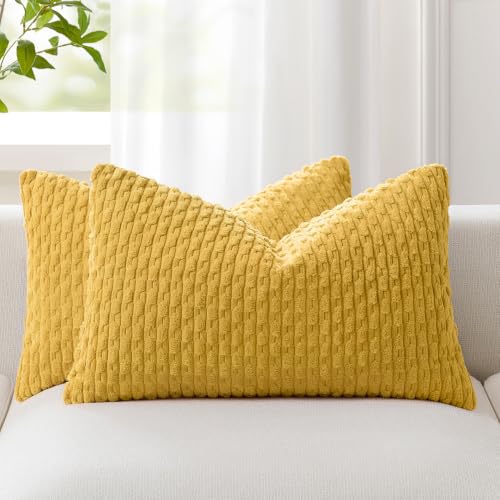 Kevin Textile Throw Pillow Covers Soft Corduroy Decorative Set of 2 Boho Striped Pillow Covers Pillowcases Farmhouse Home Decor for Couch Bed Sofa Living Room 12x20 Inch Mustard Yellow