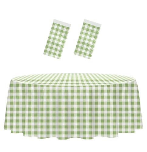 HEIPINIUYE 2 Pack Sage Green Gingham Tablecloth Disposable 84 x 84 Inch Sage Green and White Plaid Plastic Table Cover Disposable Round Table Cloth for Party Birthday Picnic Checkered Tablecloths