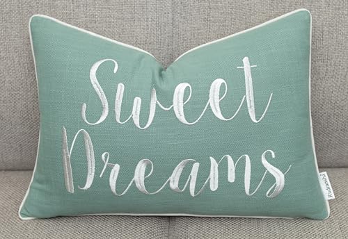 Rudransha 12x18 Sweet Dreams Lumbar Pillow Cover - Embroidered Quote Throw Pillowcase - Decorative Cushion for Couch, Sofa, Bed, Nursery, Cozy Corner - Relaxing Bedroom Accent - Light Teal