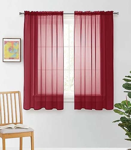 "YHSF Elegant Rod Pocket Sheer Voile Window Curtain Panels for Bedroom and Living Room Dining Room Patio Sliding Glass Door Set of 2 (63"" Inches Long, Burgundy)"