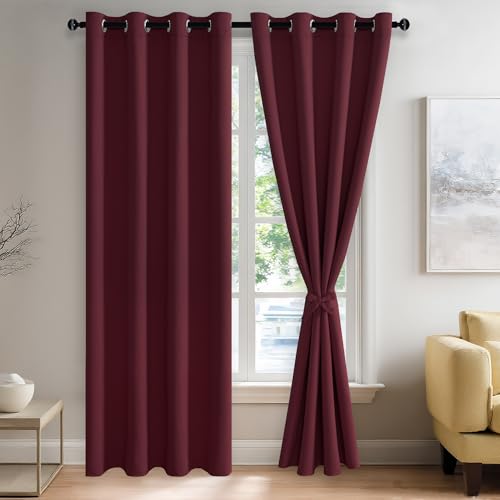 JIUZHEN Burgundy Blackout Curtains with Tiebacks Thermal Insulated, Light Blocking and Noise Reducing Grommet Curtains for Bedroom and Living Room, Set of 2 Window Curtain Panels, 52 x 90 Inch Length
