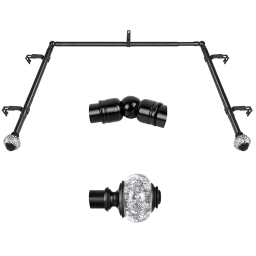 3/4 Inch Bay Window Curtain Rods, USFOOK Telescoping Black Curtain Rods for Bay Windows 36-72 Inch (Center Rod), 20-36 Inch (Side Rods), Translucent Finials