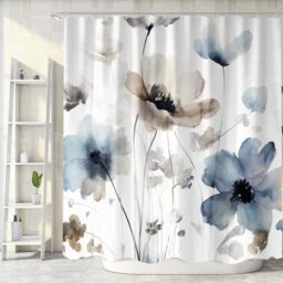 Sanzugh Boho Style Shower Curtain Cream Tan Beige Blue Grey White Watercolor Flower Fabric Shower Curtains Set for Bathroom Decoration with Hooks, 72x72 Inches, Cute Farmhouse Bath Decor