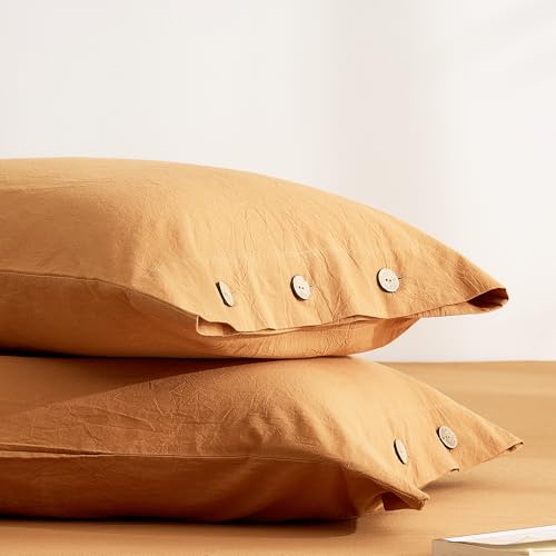 JELLYMONI 100% Washed Cotton Pillowcases, King, Button Closure - OEKO-TEX Certified, Pre-Shrunk, Natural Wrinkles, Linen-Look Texture for Wide Beds, Set of 2, 20 x 36 in