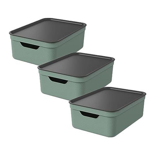 Rotho Jive Storage Boxes with Lids 3 x 10 L Stackable Grip Openings Green - Storage box set for shelves, toy storage, grip openings, lids for stacking, nesting design, recycled PP, made in Europe