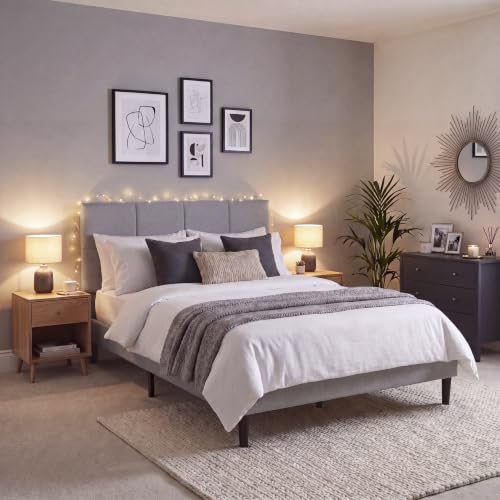 Vida Designs Velmora King Fabric Bed Frame - Light Grey Linen - 101-110H x 157.5W x 207.5D cm - Soft Cushioned & Adjustable Headboard - Underbed Storage - Slatted Base - Minimalist Style