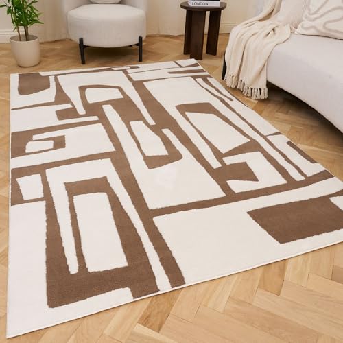 THE RUGS Living Room Rug, Loft Collection – Modern Textured 14mm Soft Pile Area Carpet, Non-Shedding & Easy Care [ Abstract Brown, 120x170 cm]