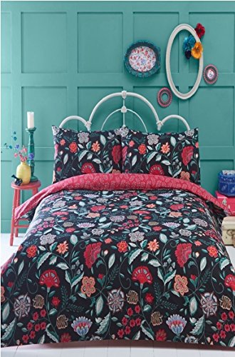 Irvine Single Bed Duvet Cover and 1 Pillowcase Set Bedding, Bed Set, Black, Red, Floral, Retro, Black