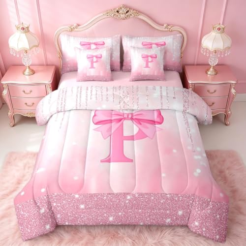 Feelyou Boys Girls Pink Bowknot 7 Pieces Bedding Set Twin Size, Personalized Initial P Bed in A Bag Kids Princess Glitter Comforter Set with Sheets Bow Monogrammed Teens Bed Set Bedroom Decor 7Pcs