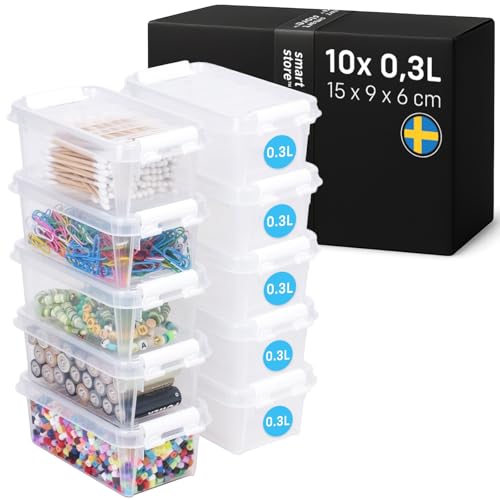 SmartStore Storage Boxes with Lids - 10x small 0.3L box - 15x9x6cm - Stackable plastic storage box with lid for Lego, craft & office - clear food-safe plastic boxes - containers with lids