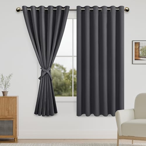 DWCN Dark Grey Blackout Curtains for Bedroom with Tiebacks - Thermal Insulated Light Blocking Grommet Window Curtains for Living Room, 70 x 63 inch Length, Set of 2 Panels